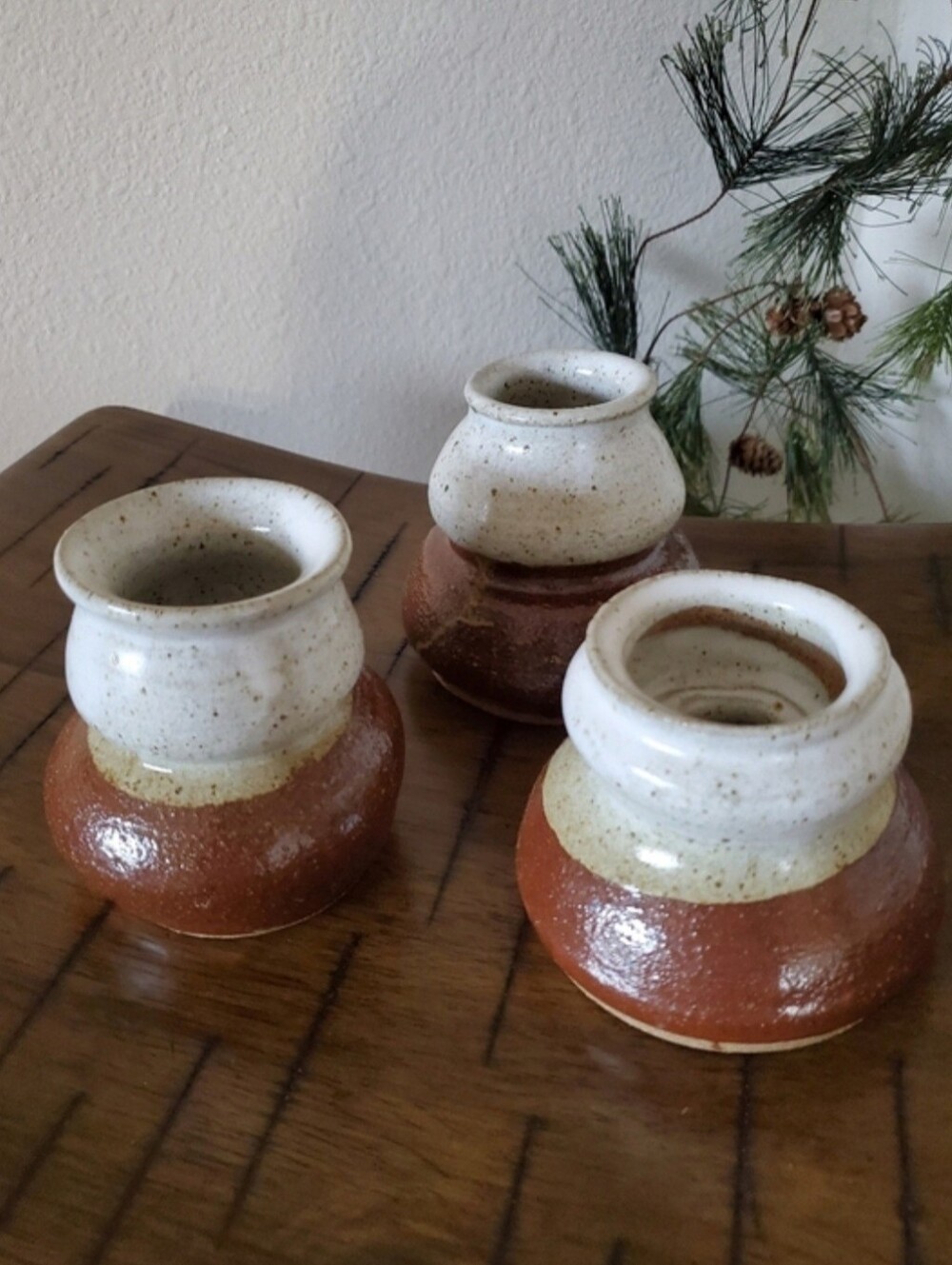 MCM Hand Thrown Pottery Set 3 Mini Vases Rustic Ceramic Candle Holders Jars